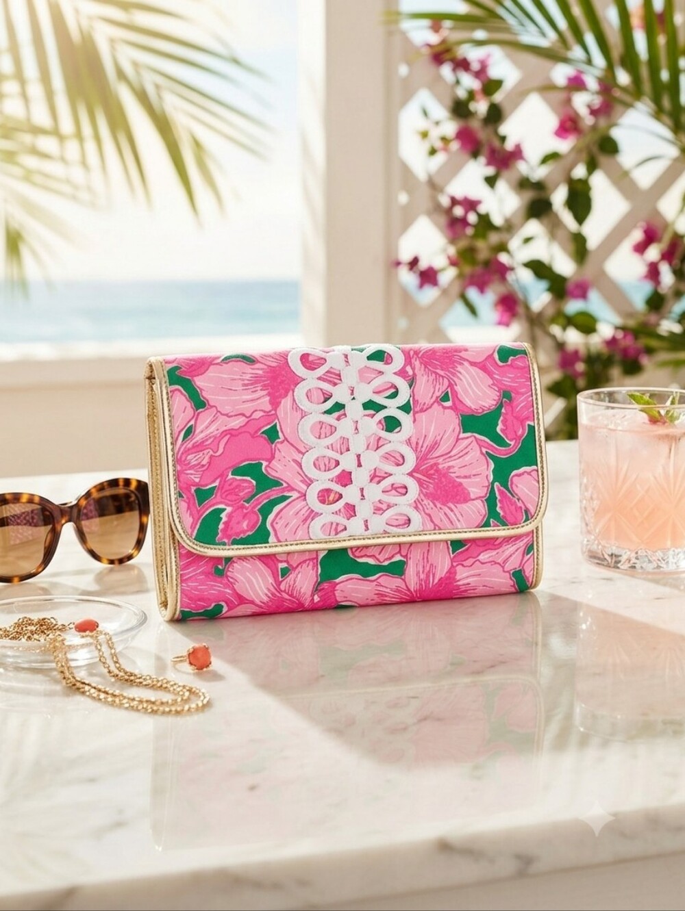 Lilly Pulitzer‎ Pink Floral Oversize- Envelop Clutch with Gold Trim